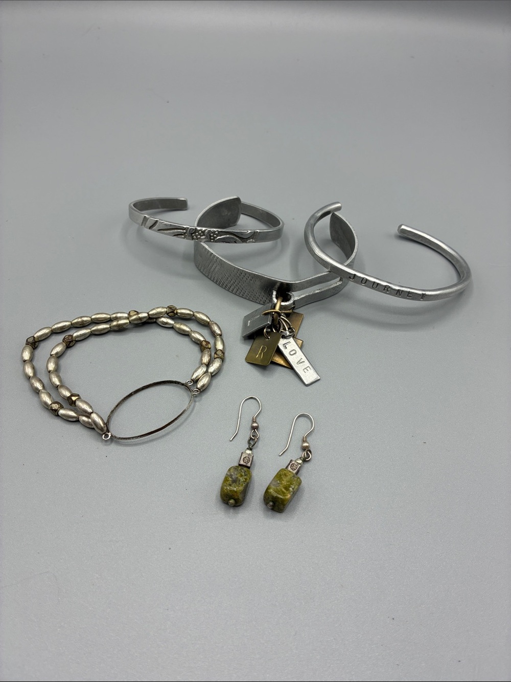 Sterling Tone Mixed Bracelets and Jasper Earrings